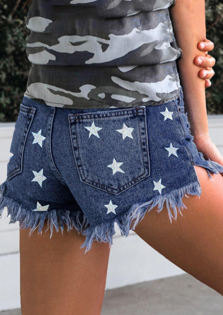 

Shorts Star Tassel Pocket Button Ripped Slit Denim Shorts in Multicolor. Size