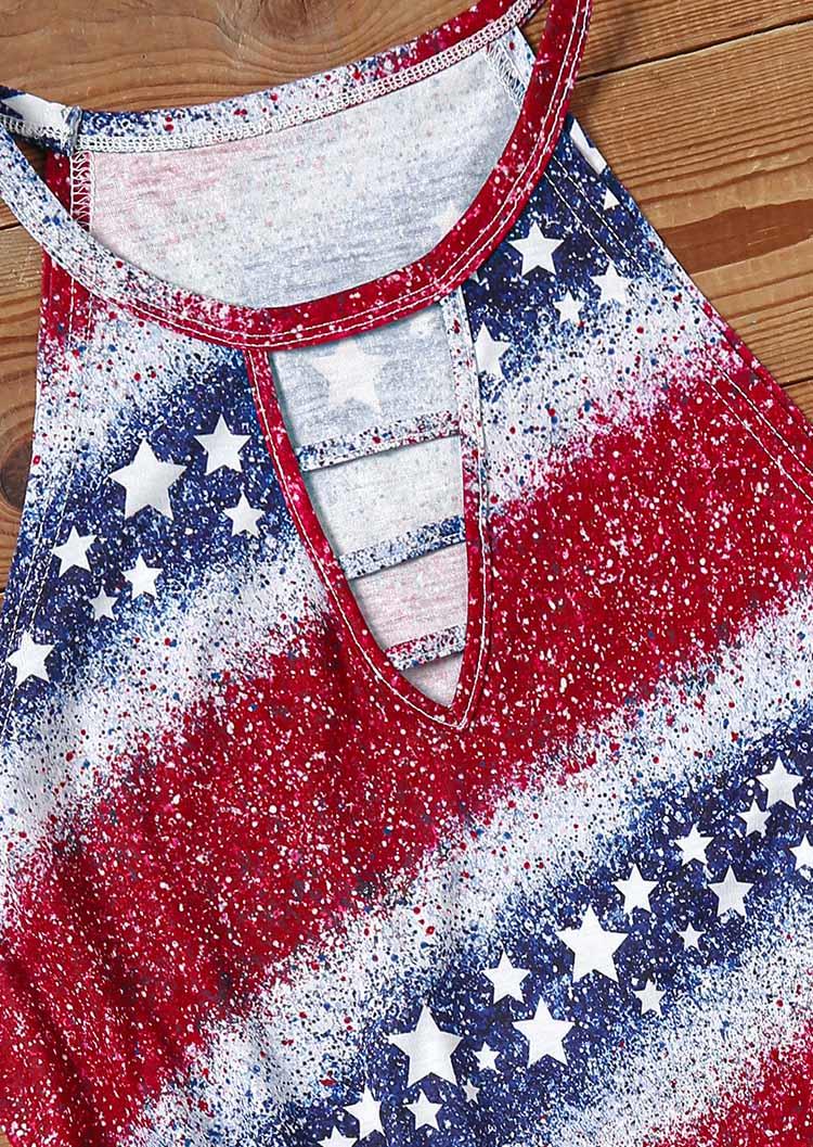 American Flag Color Block Striped Glitter Hollow Out Tank