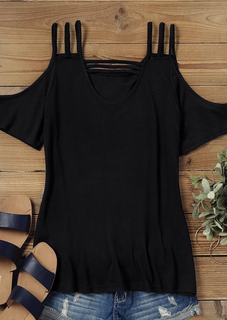 

Blouses Hollow Out Cold Shoulder Spaghetti Strap Blouse in Black. Size: L,M