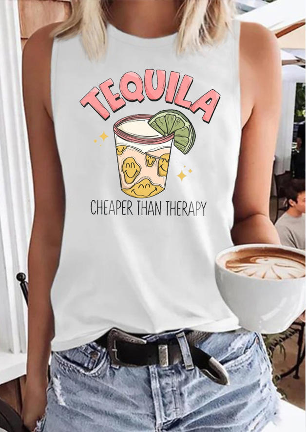 

Tank Tops Tequila Cheaper Than Therapy O-Neck Tank Top in White. Size