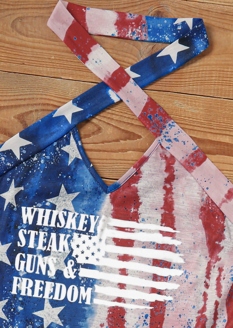 Whiskey Steak Guns & Freedom American Flag Criss-Cross Hollow Out Halter Tank