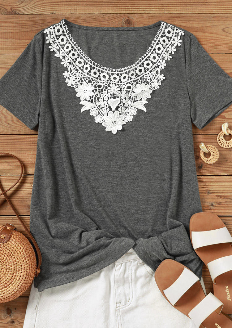 

Blouses Lace Splicing Short Sleeve O-Neck Blouse in Gray. Size: ,XL