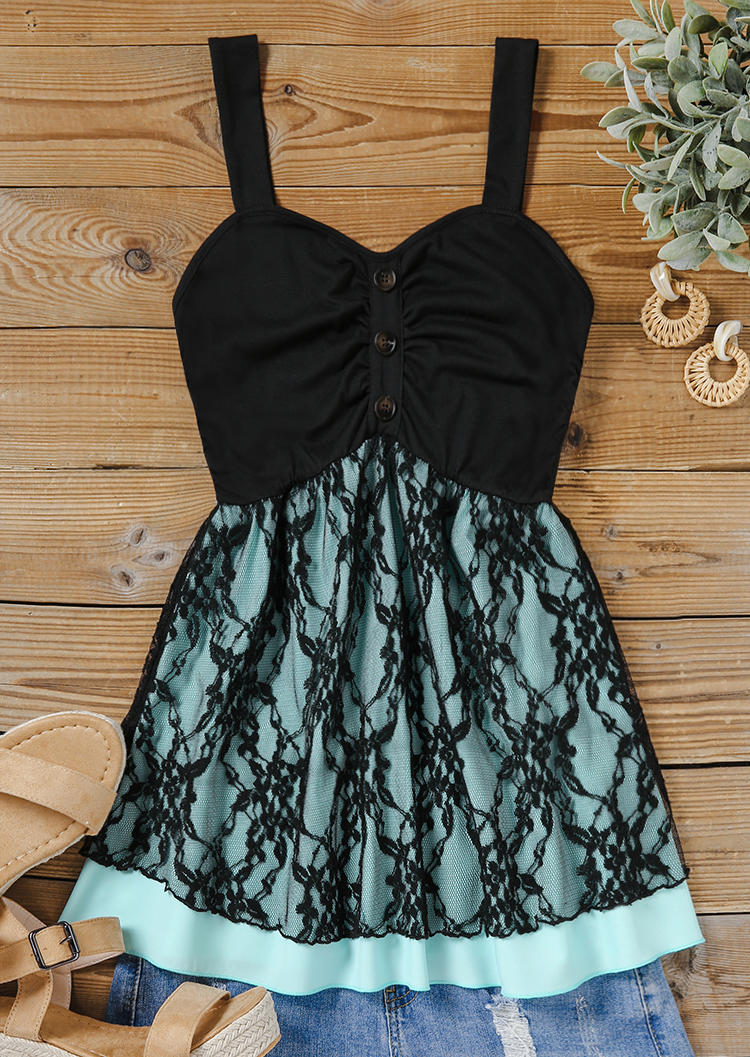 

Tank Tops Color Block Lace Splicing Button Ruched Tank Top in Multicolor. Size: M