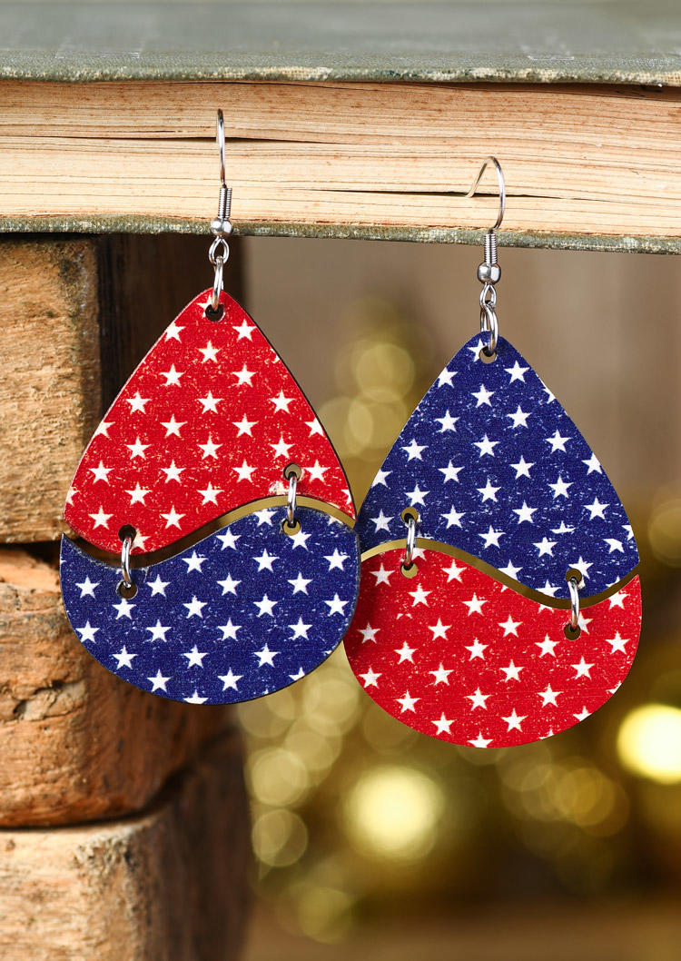 

Earrings American Flag Star Wooden Water Drop Earrings in Multicolor. Size