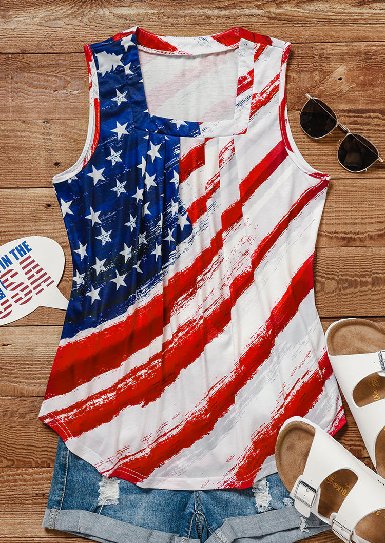 

Tank Tops American Flag Ruffled Square Collar Tank Top in Multicolor. Size