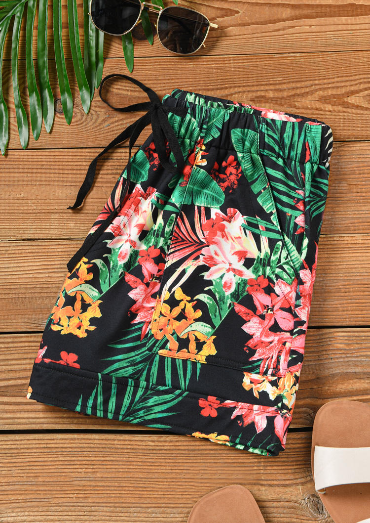 Floral Palm Leaf Drawstring Pocket Shorts