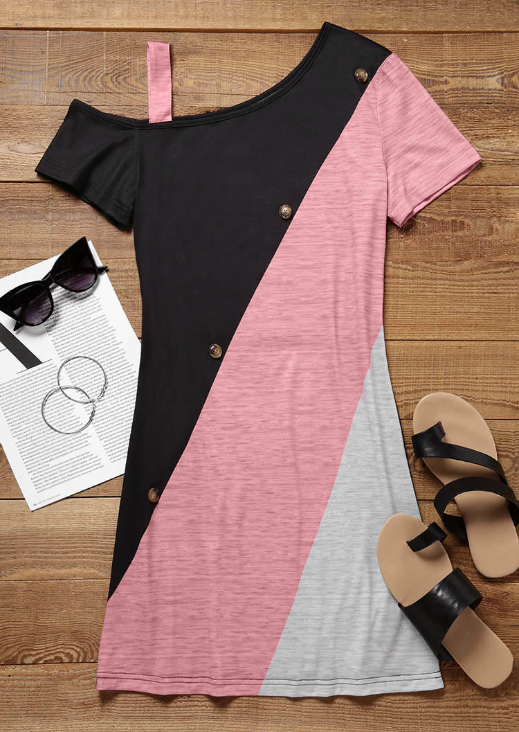 

Mini Dresses Color Block Button One Sided Cold Shoulder Mini Dress in Multicolor. Size: L,M