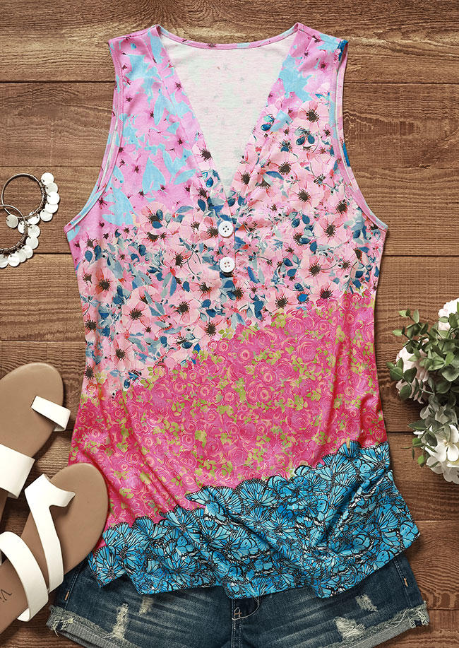 

Tank Tops Floral Button V-Neck Tank Top in Multicolor. Size: L