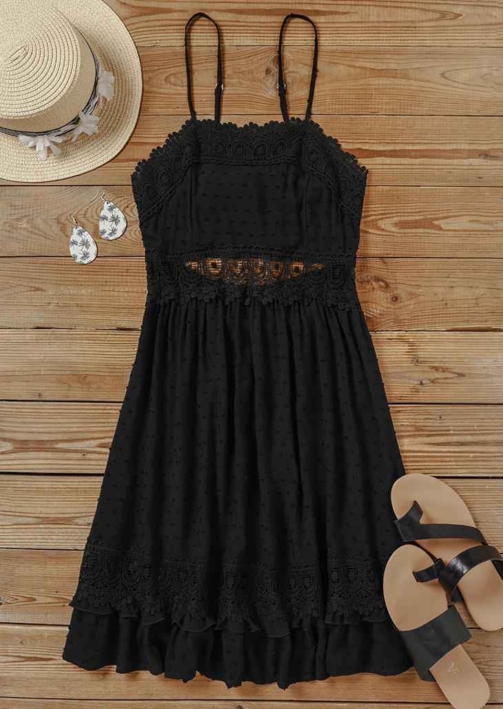 

Mini Dresses Lace Splicing Hollow Out Ruffled Spaghetti Strap Mini Dress in Black. Size: L,M,,XL