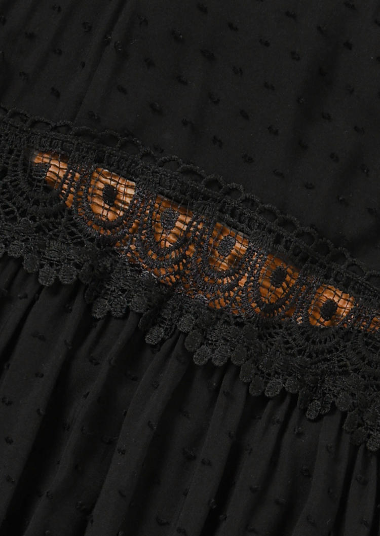 Lace Splicing Hollow Out Ruffled Spaghetti Strap Mini Dress - Black
