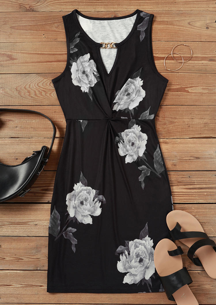 

Bodycon Dresses Floral Twist Chain Hollow Out Sleeveless Bodycon Dress in Black. Size: L,M