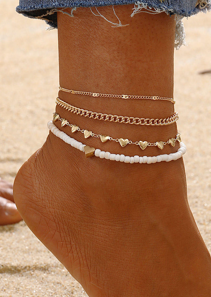 

Body Jewelry 4Pcs Heart Beading Anklet Set in Gold. Size