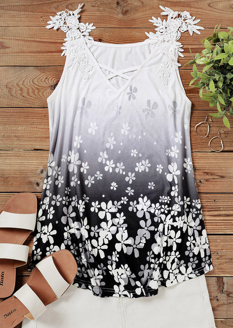 

Tank Tops Gradient Floral Lace Splicing Criss-Cross Hollow Out Tank Top in Multicolor. Size: L,M,,XL