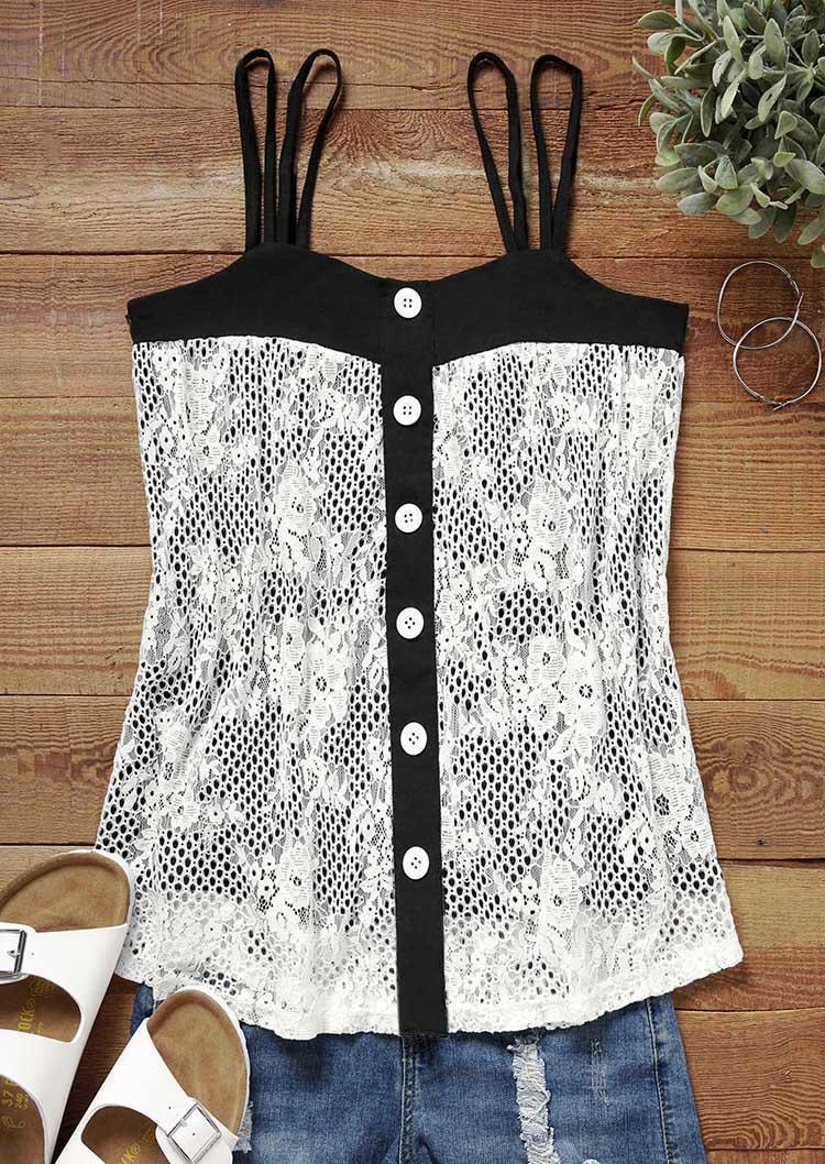 

Tank Tops Lace Splicing Button Hollow Out Camisole in Multicolor. Size: L,M,,XL