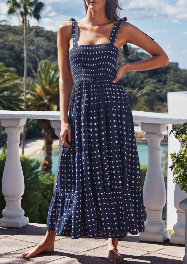 

Maxi Dresses Polka Dot Smocked Ruffled Maxi Dress in Blue. Size