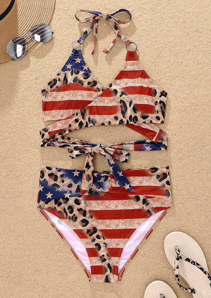 

Bikini Sets American Flag Leopard Halter Tie Bikini Set in Multicolor. Size