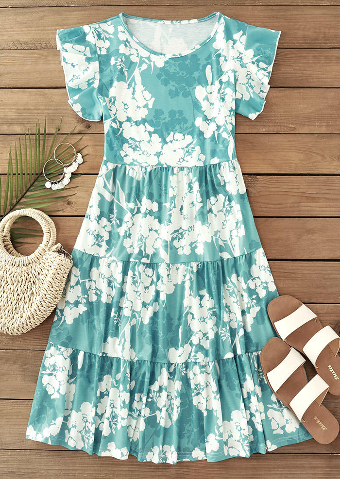 

Mini Dresses Floral Ruffled O-Neck Mini Dress in Green. Size