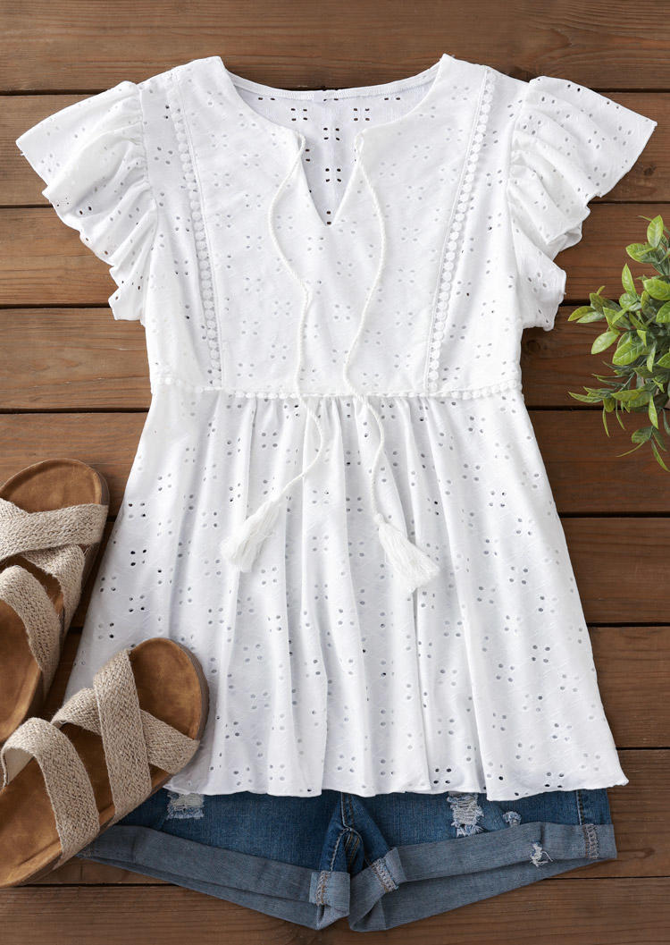 Hollow Out Ruffled Tassel Tie Blouse - White