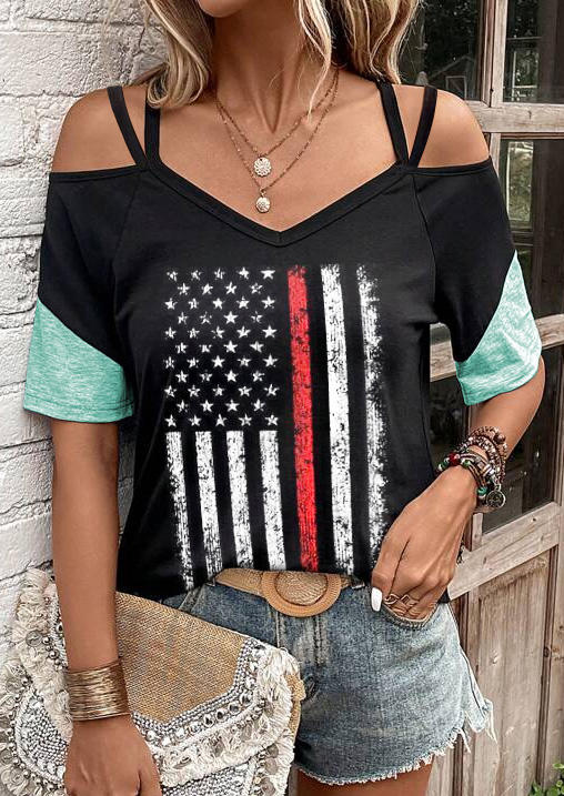 

Blouses Color Block American Flag Hollow Out Cold Shoulder Blouse in Black. Size: L,M,,XL