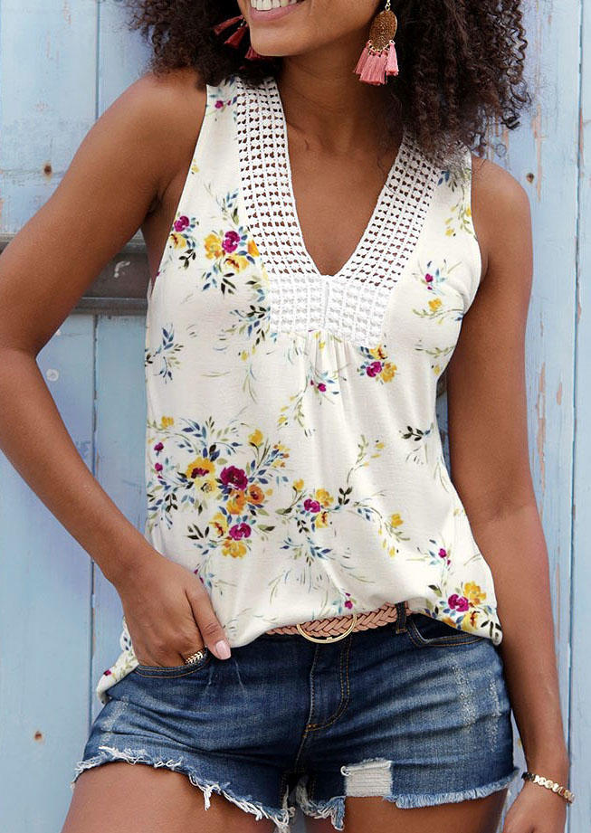 

Tank Tops Floral Lace Splicing Ruffled Tank Top in Multicolor. Size: L
