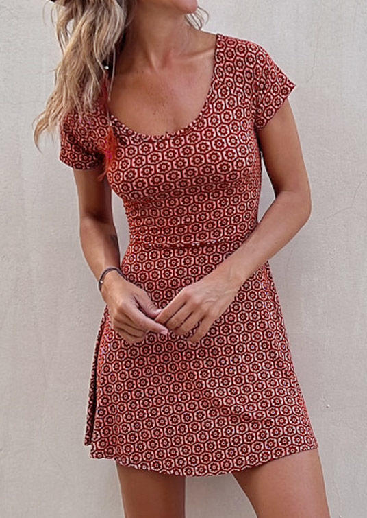 Criss-Cross Hollow Out Ethnic Mini Dress - Red
