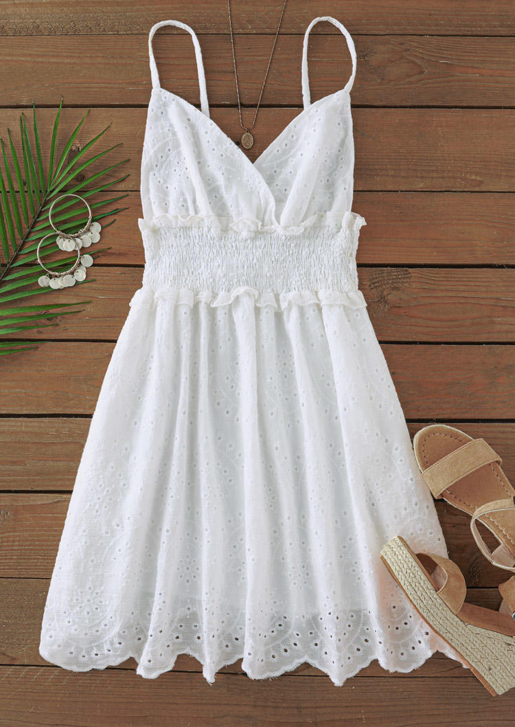 

Mini Dresses Ruffled Smocked Open Back Mini Dress in White. Size