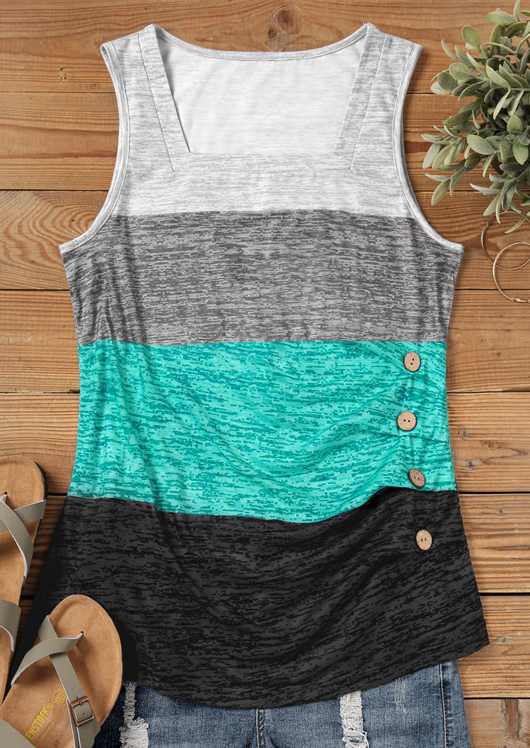 

Tank Tops Color Block Ruched Button Square Collar Tank Top in Multicolor. Size