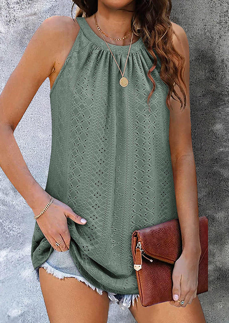 

Tank Tops Hollow Out Ruffled O-Neck Tank Top in Green. Size