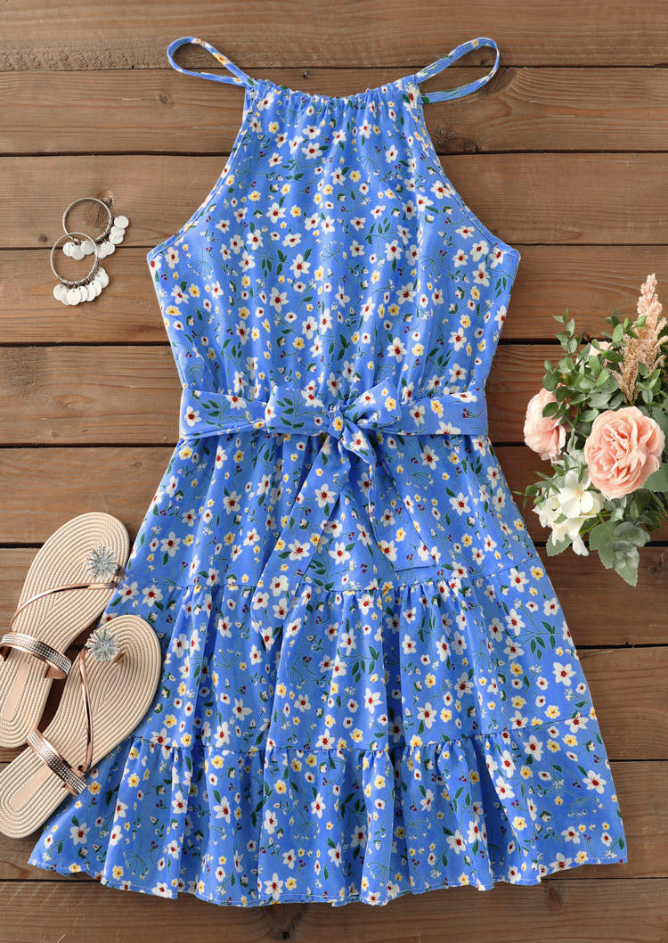 

Mini Dresses Ditsy Floral Ruffled Halter Mini Dress in Blue. Size