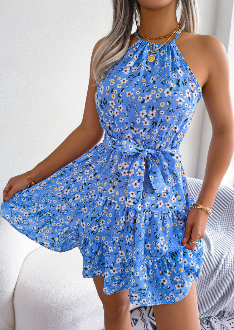 Ditsy Floral Ruffled Halter Mini Dress - Blue