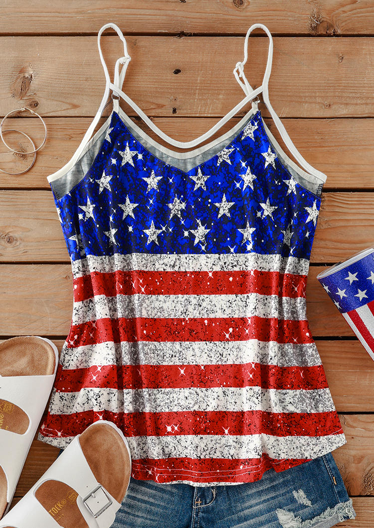 

Tank Tops American Flag Mesh Splicing Spaghetti Strap Camisole in Multicolor. Size: L,M