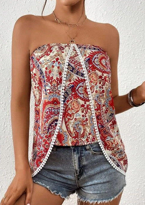 

Tank Tops Paisley Pom Pom Strapless Bandeau Fake Two-Piece Tank Top in Multicolor. Size: M