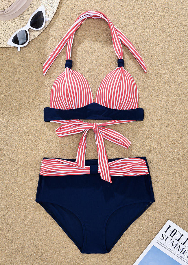

Bikini Sets Striped High Waist Halter Bikini Set in Multicolor. Size