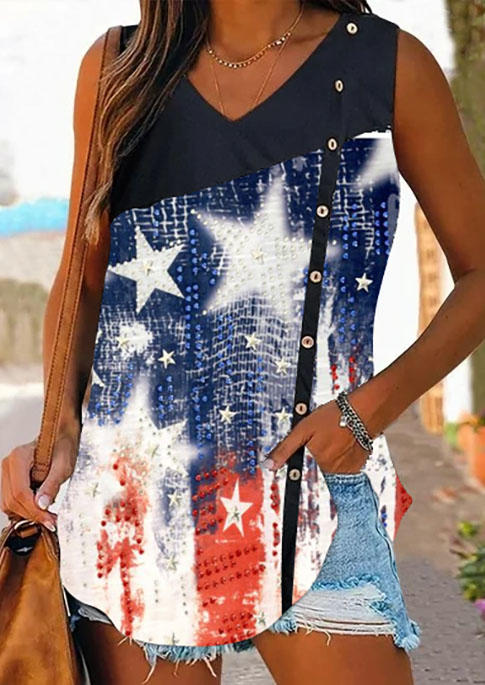 

Tank Tops American Flag Star Button Tank Top in Multicolor. Size: L,M,,XL