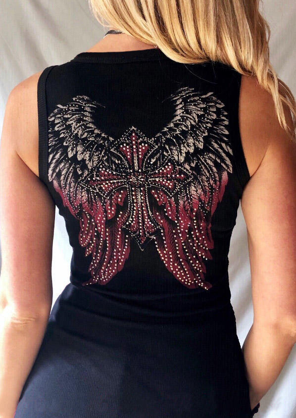 

Tank Tops Cross Wing Embellished Tank Top in Black. Size