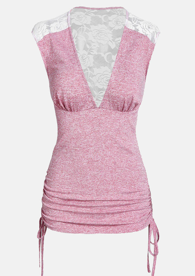 

Tank Tops Ruffled Drawstring Lace Splicing Tank Top in Pink. Size: L,M,,XL