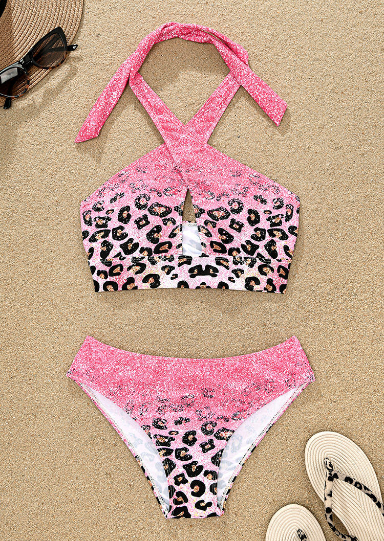 

Bikini Sets Leopard Glitter Criss-Cross Hollow Out Halter Bikini Set in Multicolor. Size: L,M,,XL