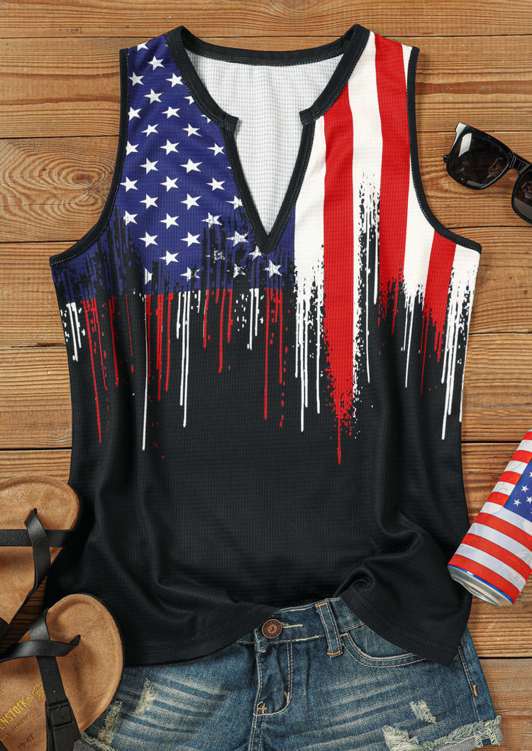 

Tank Tops American Flag Waffle Notched Collar Tank Top in Black. Size