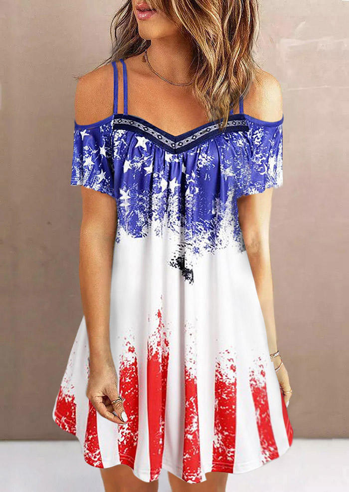 American Flag Geometric Hollow Out Ruffled Cold Shoulder Mini Dress