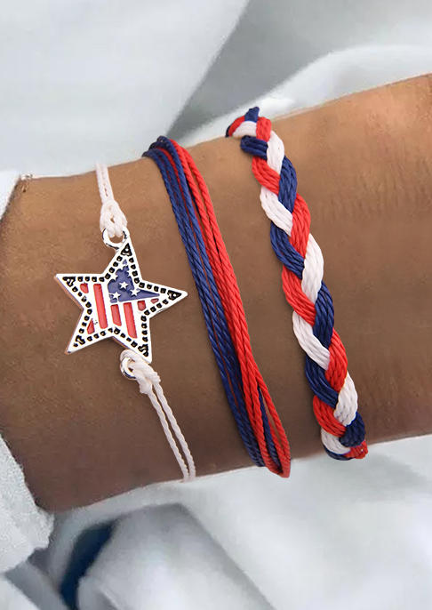 

Bracelet 3Pcs American Flag Star Bracelet Set in Multicolor. Size