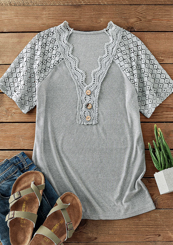 

Blouses Lace Splicing Button Hollow Out Blouse in Gray. Size: L,,XL