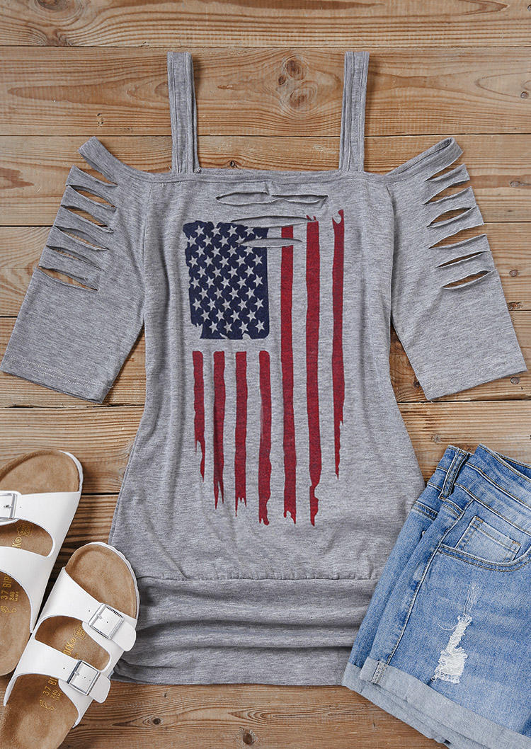 

Blouses American Flag Cut Out Hollow Out Ruched Cold Shoulder Blouse in Gray. Size: L,M,,XL