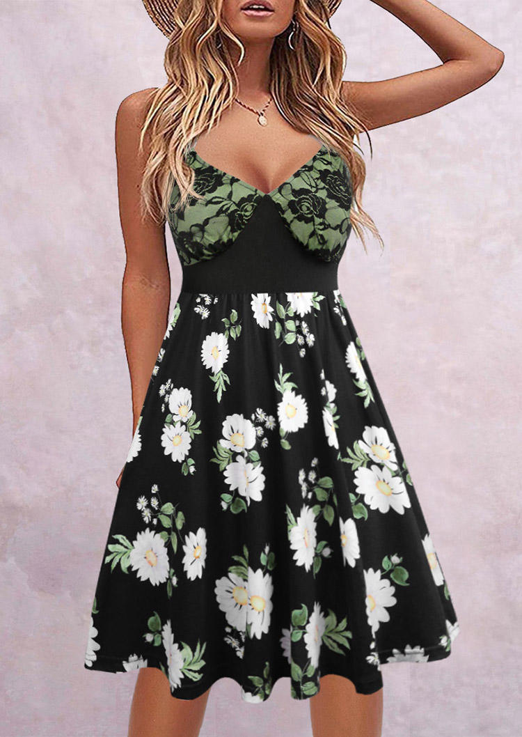 Floral Lace Splicing V-Neck Mini Dress