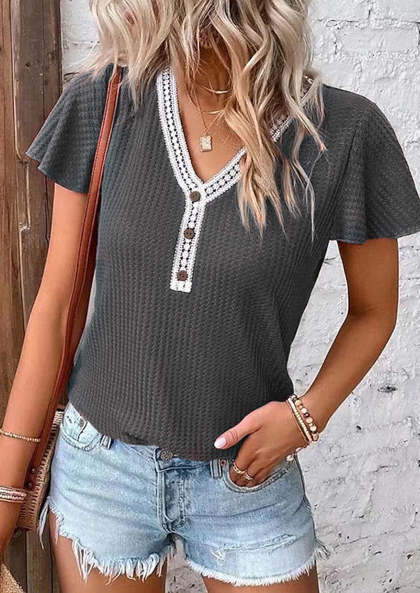 

Blouses Lace Splicing Button Ruffled Waffle Blouse - Dark Grey in Gray. Size: L,,XL