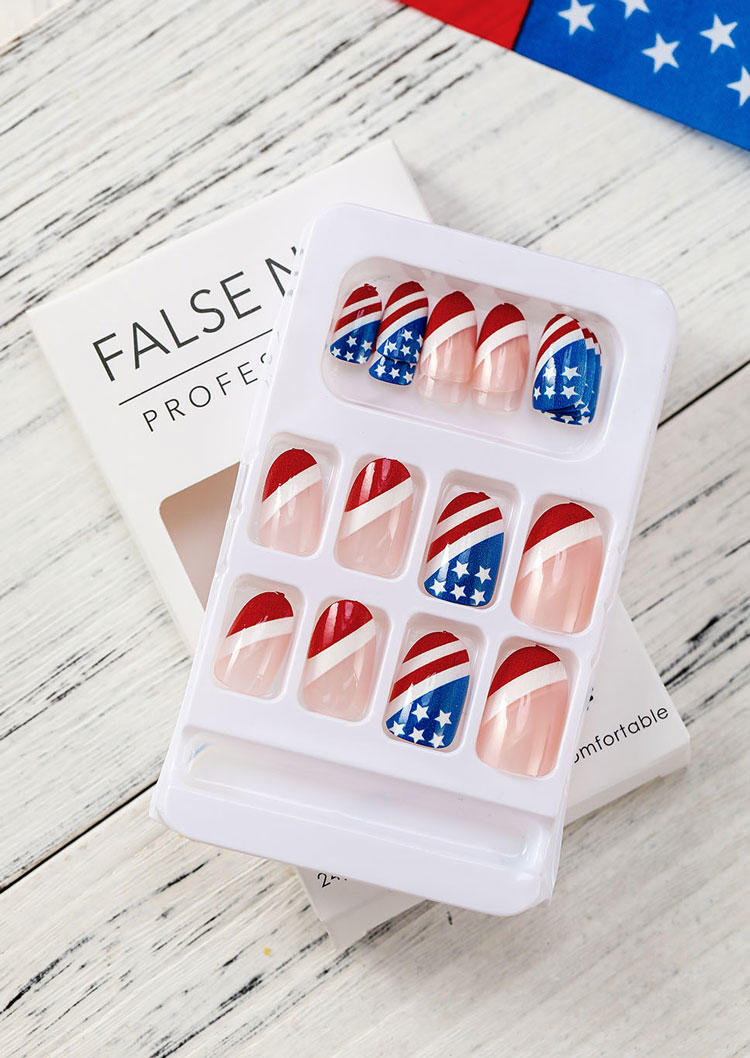 

Beauty American Flag Fake Nail Set in Multicolor. Size