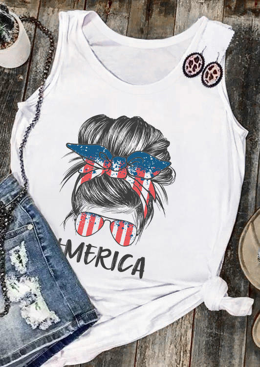 

Tank Tops American Flag Messy Bun Hair Sunglasses Tank Top in White. Size: L