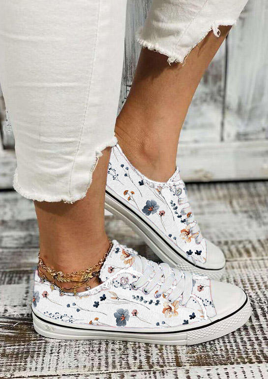 Ditsy Floral Lace Up Flat Sneakers - White