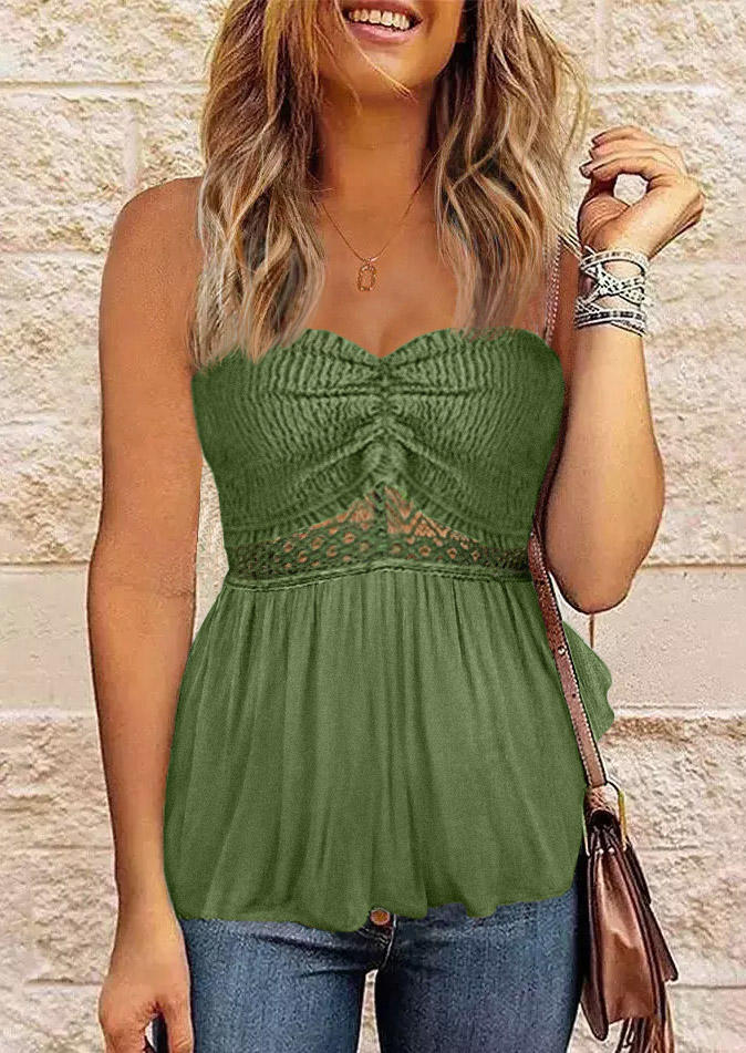 Ruffled Lace Splicing Strapless Bandeau Tank - Green