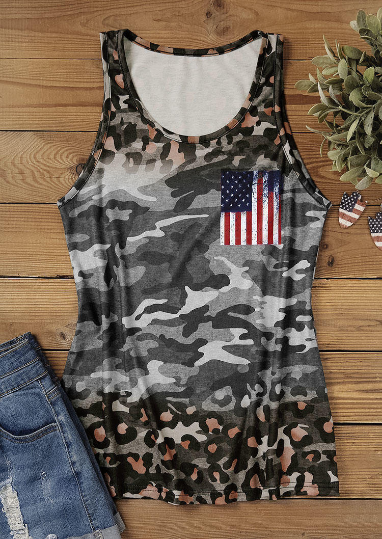 

Tank Tops Leopard Camouflage American Flag Fake Pocket Tank Top in Multicolor. Size: L,M