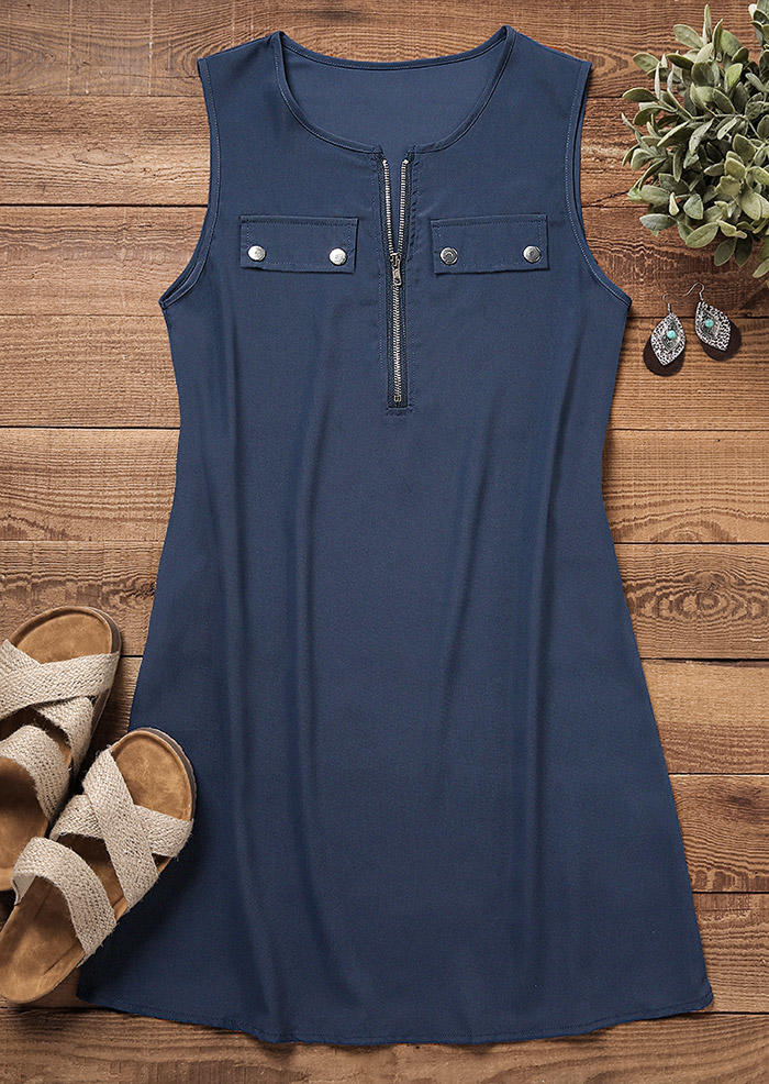 

Mini Dresses Zipper Button Sleeveless Mini Dress in Blue. Size